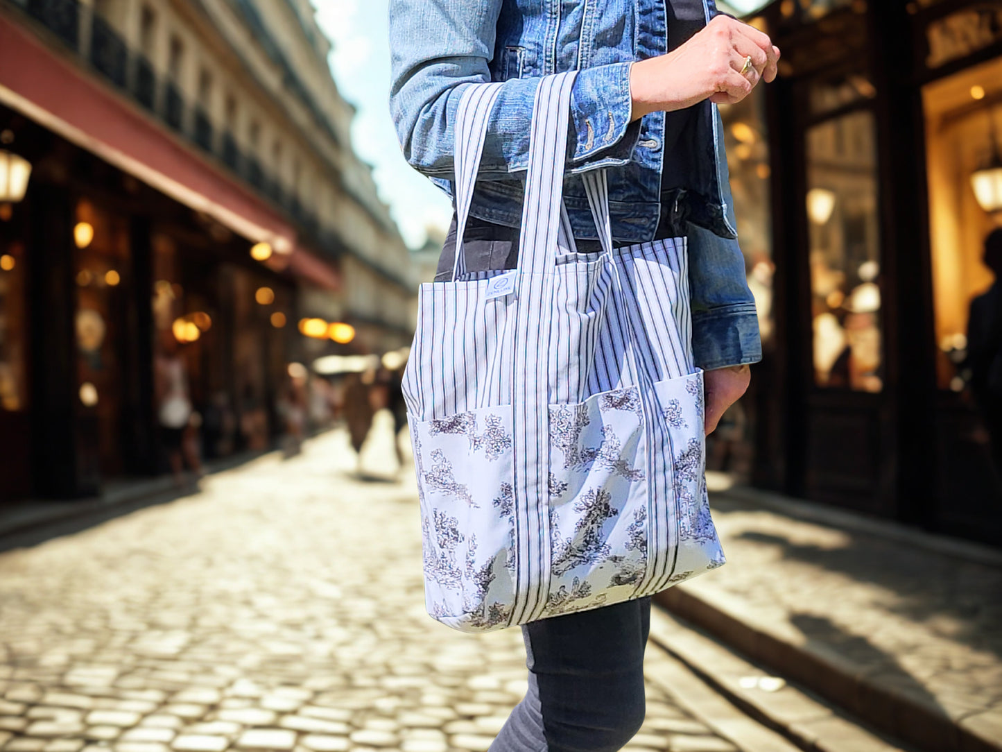 Tote Bag with Outside Pockets and French Inspired Pattern