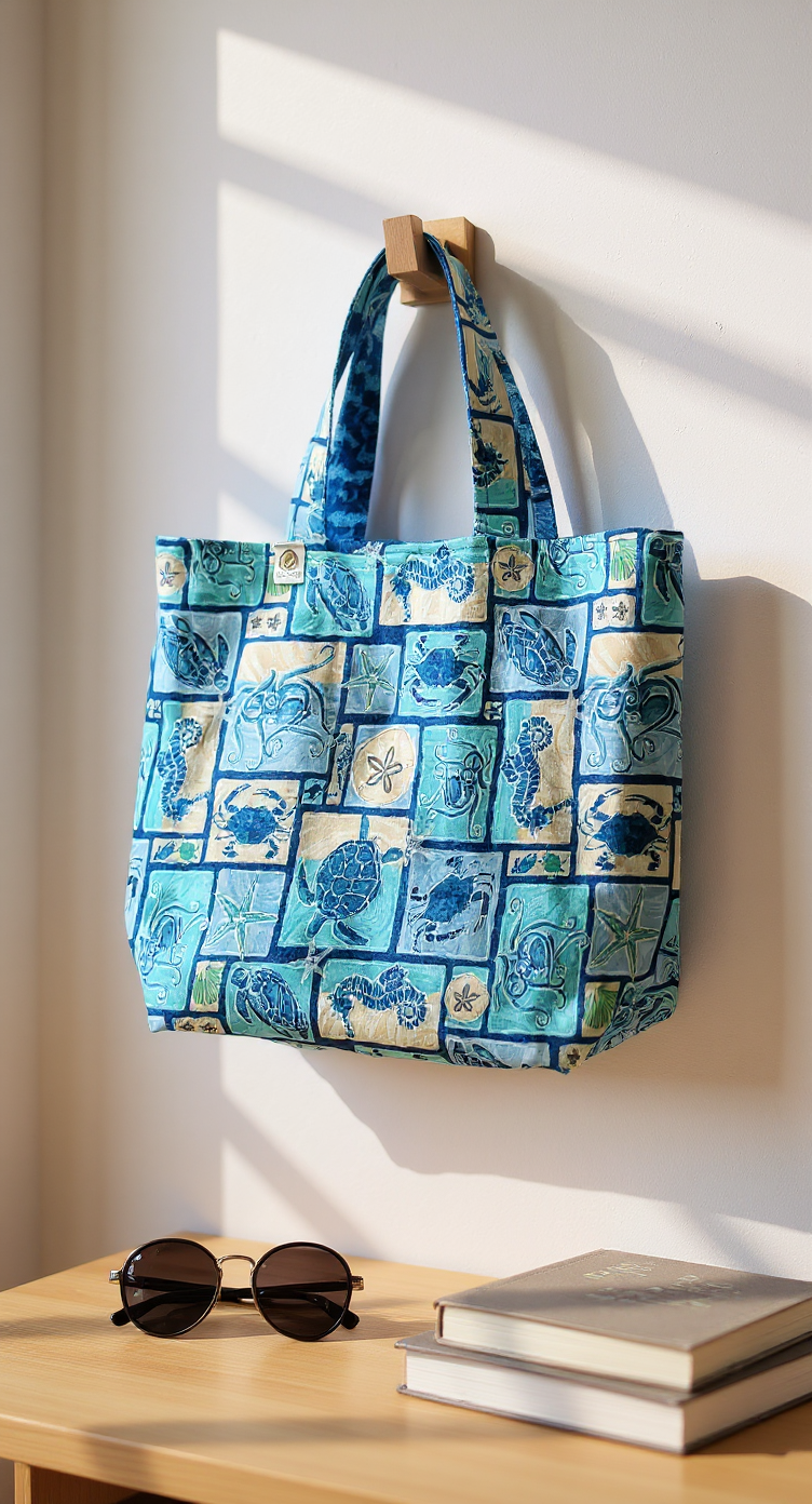 Reversible Tote Bag with an Ocean Inspired Pattern
