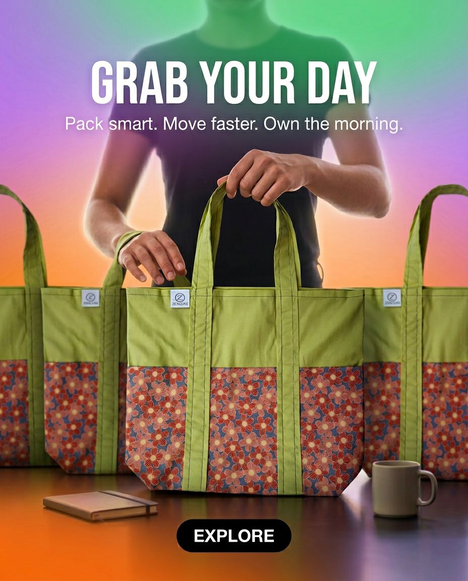 Tote Bag with Outside Pockets - Flower Pattern