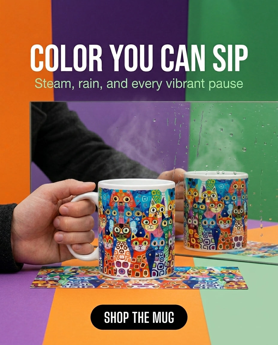 White Mug with Colorful Cat Print