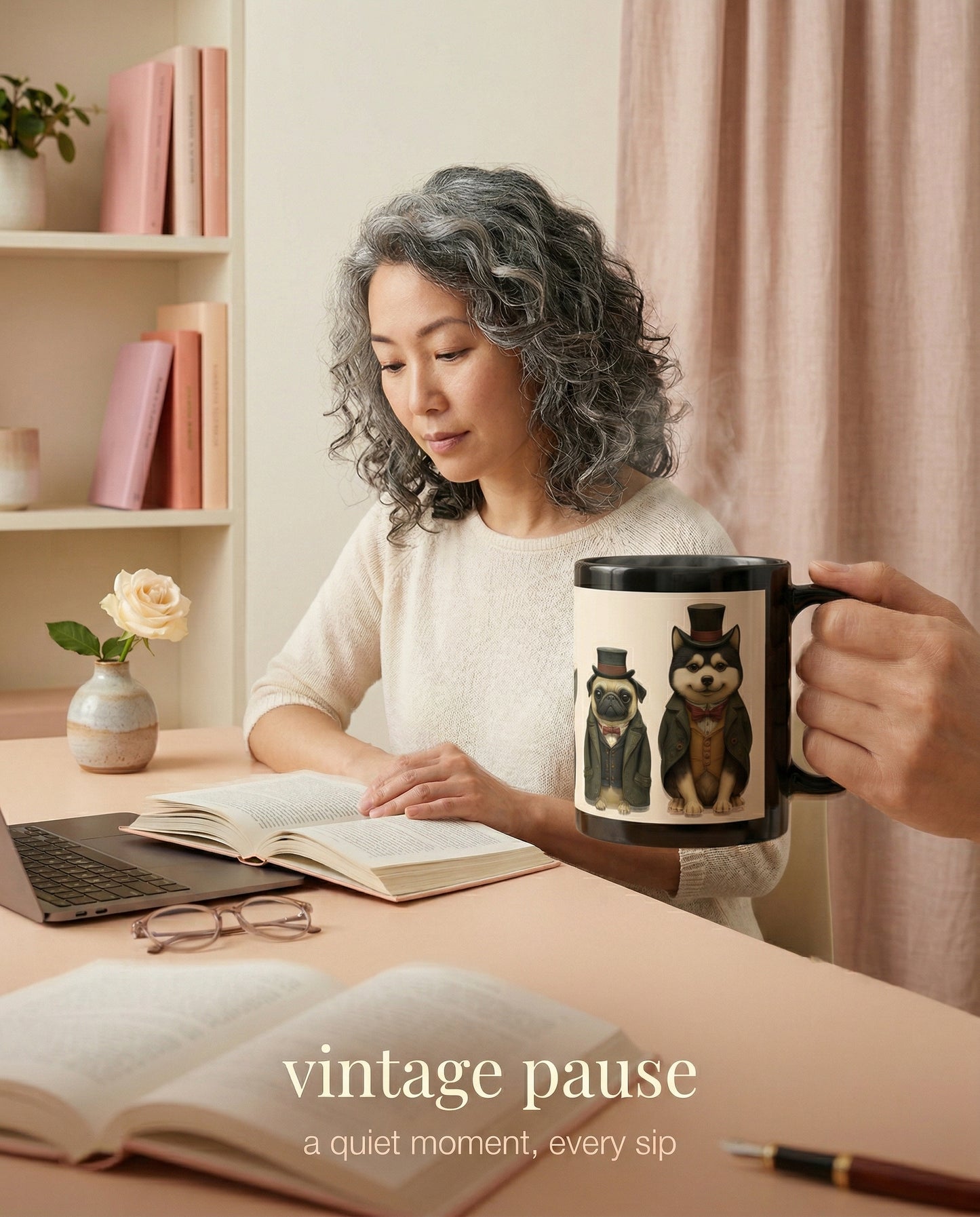 Black Ceramic Mug with Vintage Dog Print