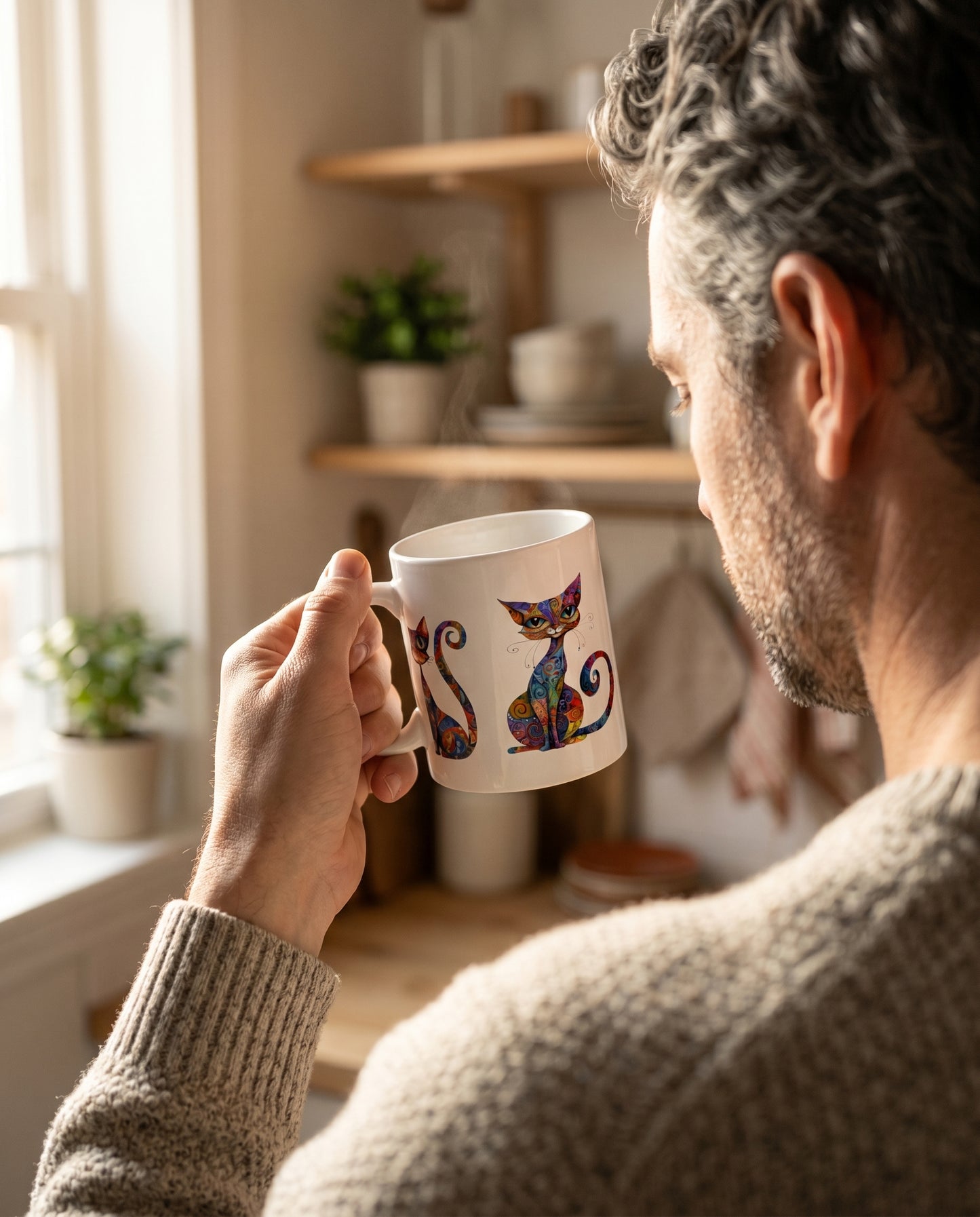 White Mug With Colorful Cat Print