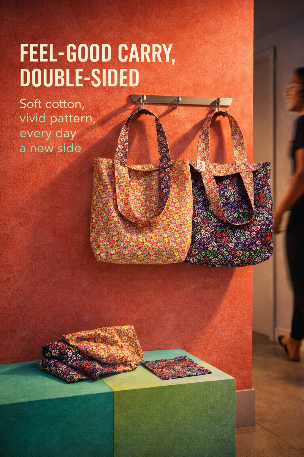 Reversible Tote Bag with a Colorful Flower Pattern
