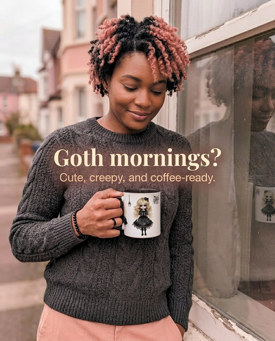 Cute Mug with Goth Doll Print