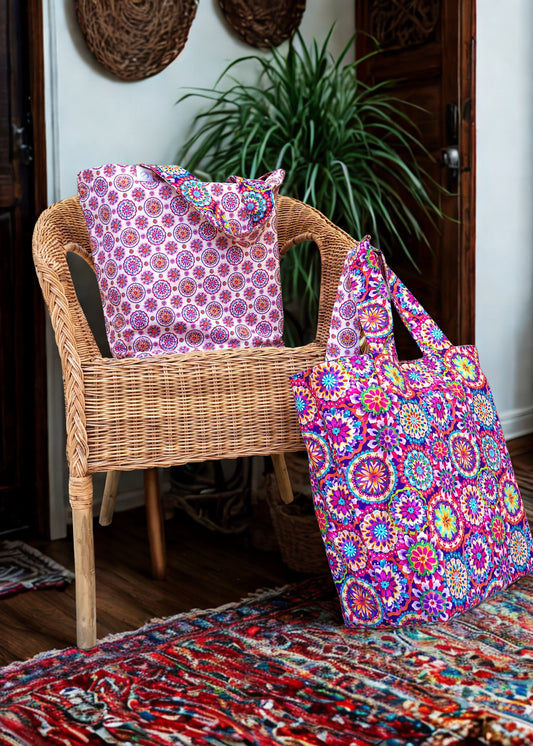 Reversible Tote Bag with a Colorful Boho Pattern