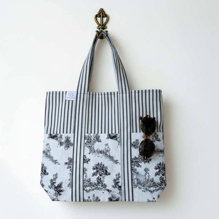 Tote Bag with Outside Pockets and French Inspired Pattern