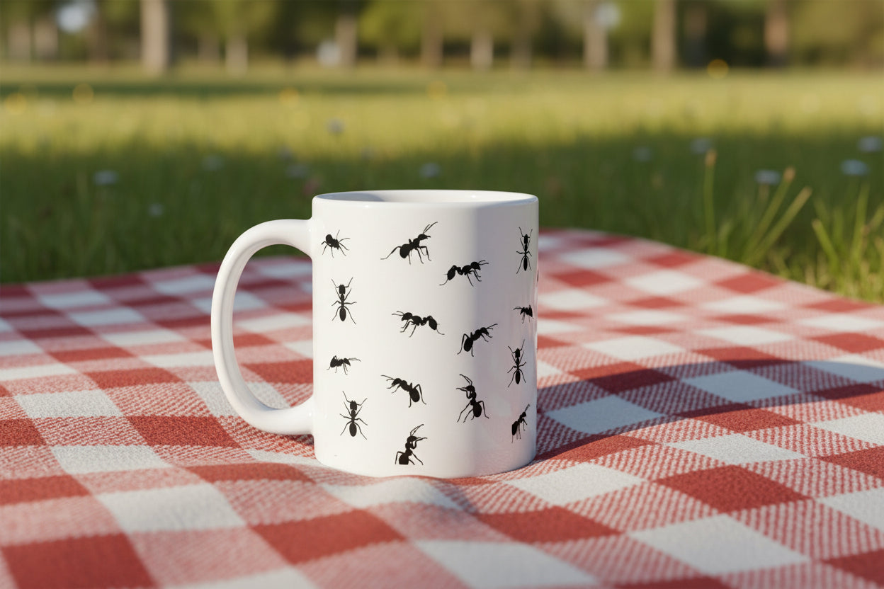 White Mug with Funny Ant Print