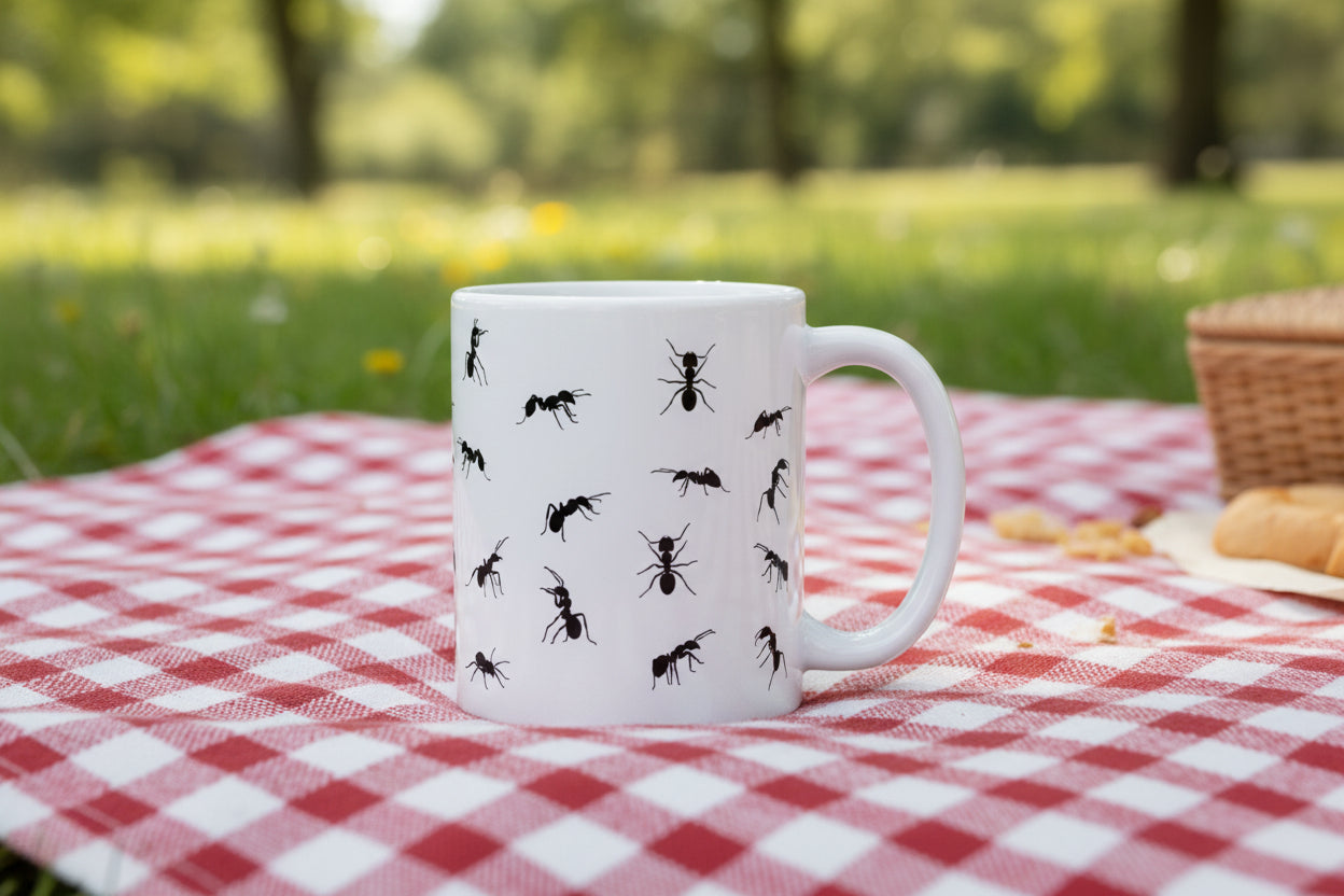 White Mug with Funny Ant Print